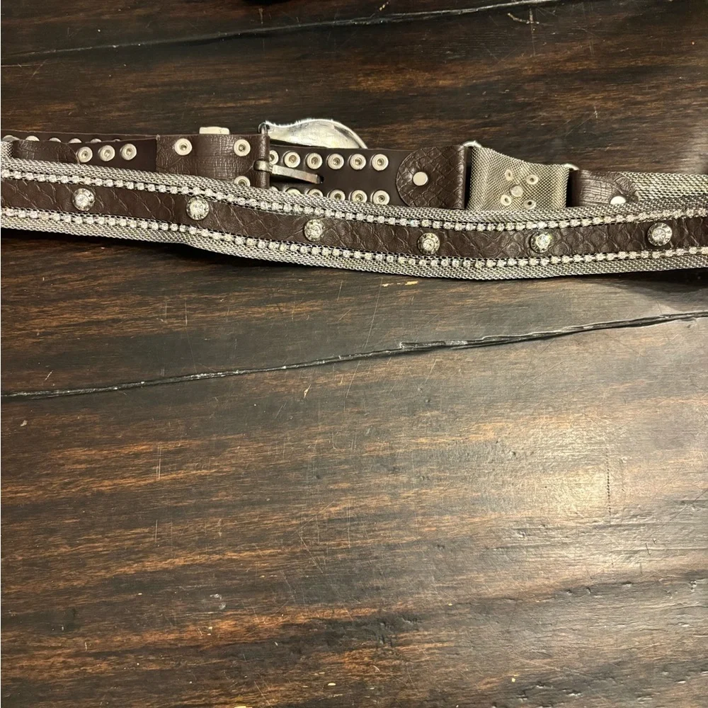 Western flair Studded Brown Leather Belt with mesh metal and crystal